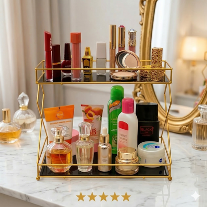 Luxury 2-Tier Round Gold Cosmetic Rack with Premium White Base, Elegant Triple-Layer Metal Makeup Organizer and Vanity Storage Shelf.