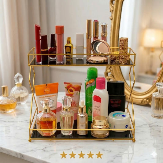 Luxury 2-Tier Round Gold Cosmetic Rack with Premium White Base, Elegant Triple-Layer Metal Makeup Organizer and Vanity Storage Shelf.