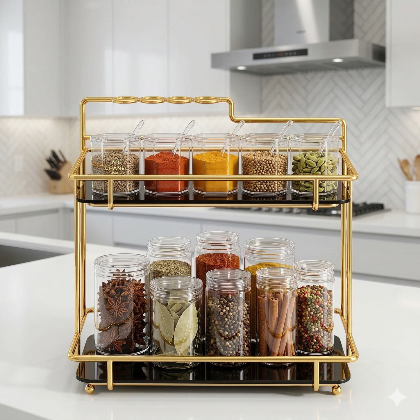 2-Tier Premium Vanity Organizer – Shiny Gold Frame with Integrated Makeup Brush Holder – Luxury Black Marble Base.