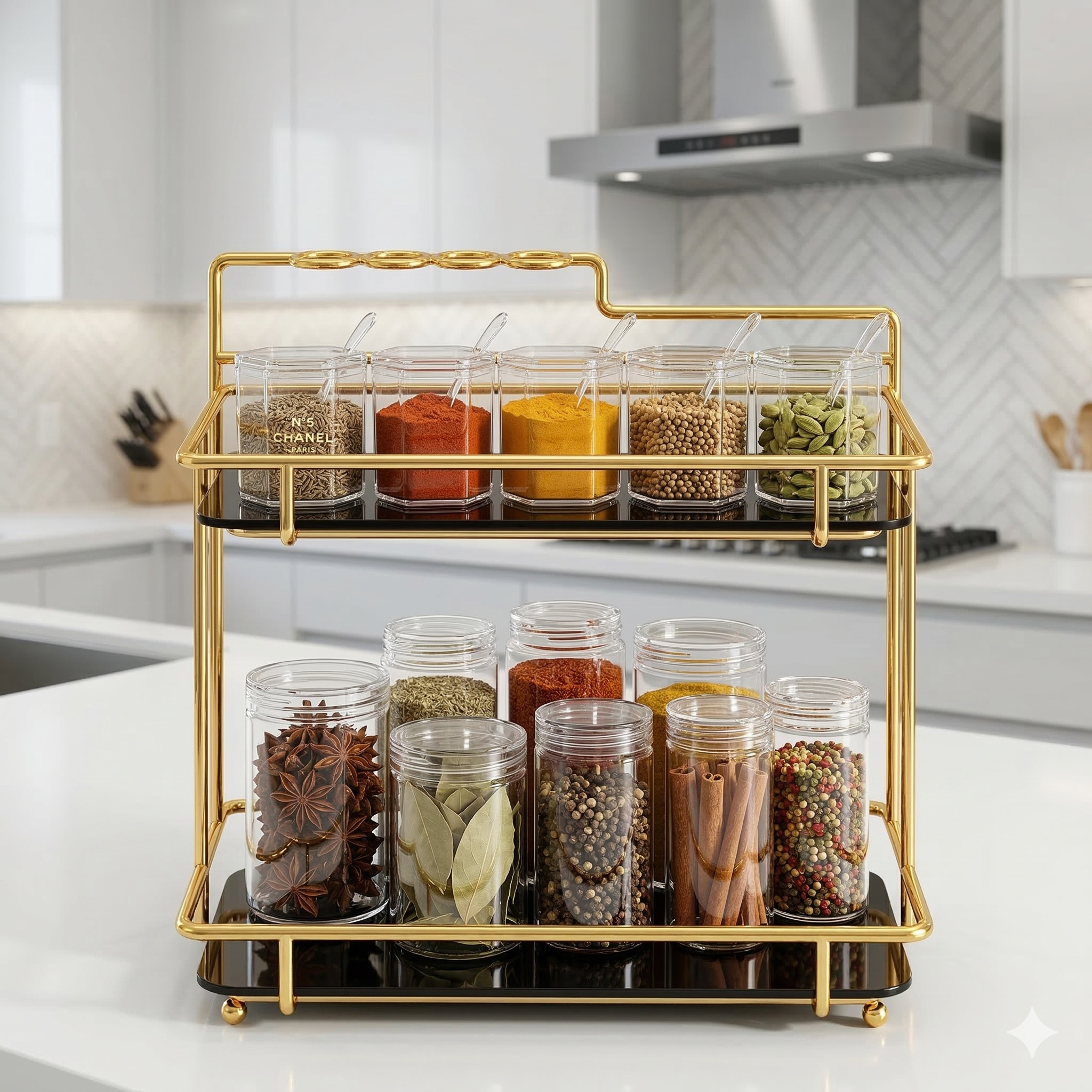 2-Tier Premium Vanity Organizer – Shiny Gold Frame with Integrated Makeup Brush Holder – Luxury Black Marble Base.