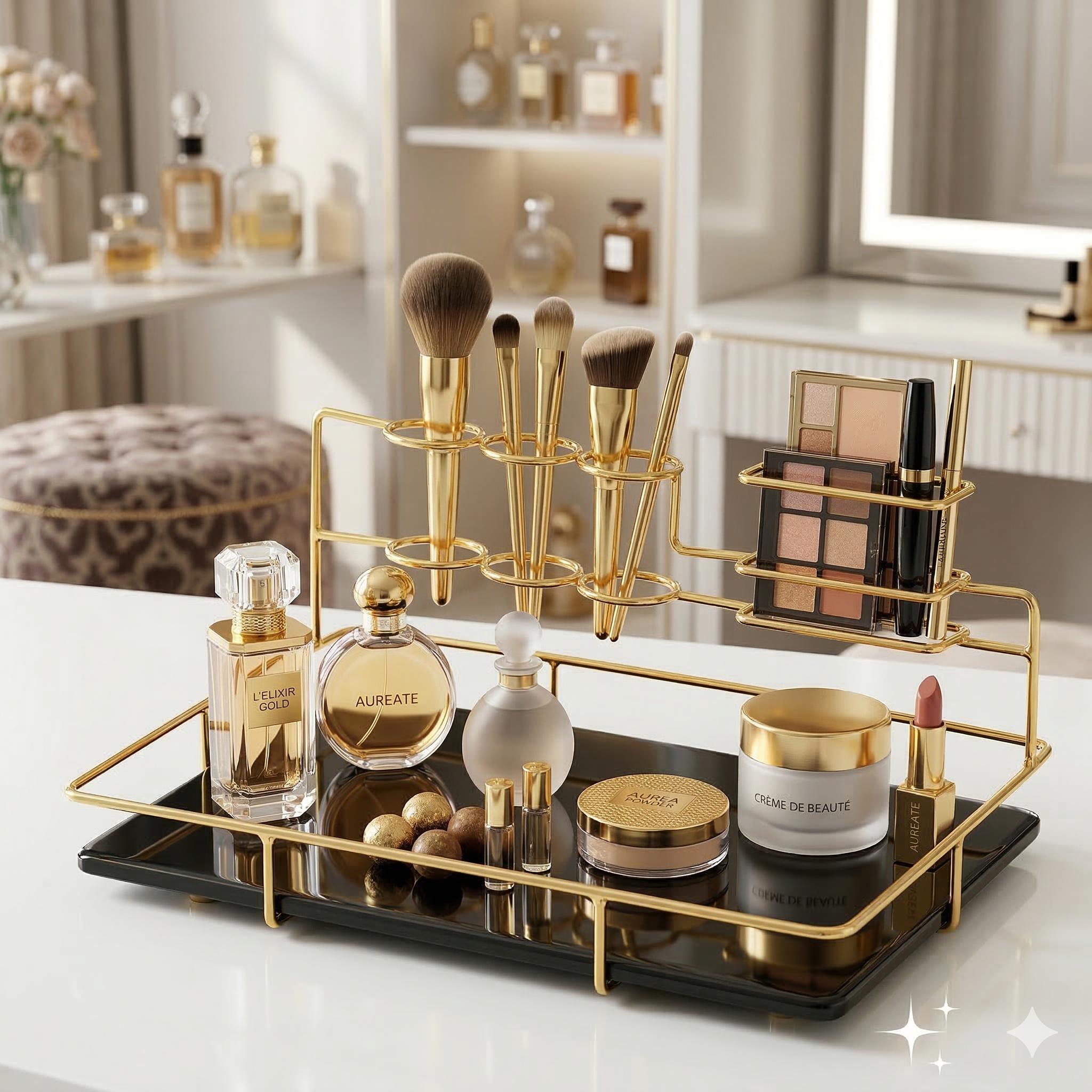 Golden metal arch spice rack organizer for countertop and luxury home decor.
