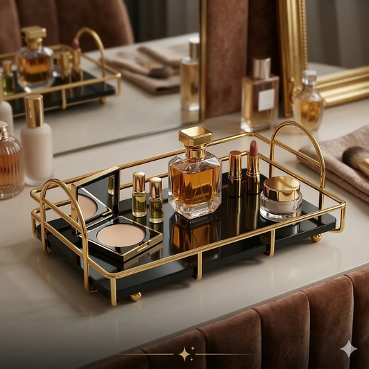 Black Acrylic Jewelry Tray,Luxury Shiny Gold Cosmetic Organizer Tray with Premium Black Acrylic Base, Elegant Single-Tier Metal Vanity Tray for Perfume, Skincare, and Makeup Display