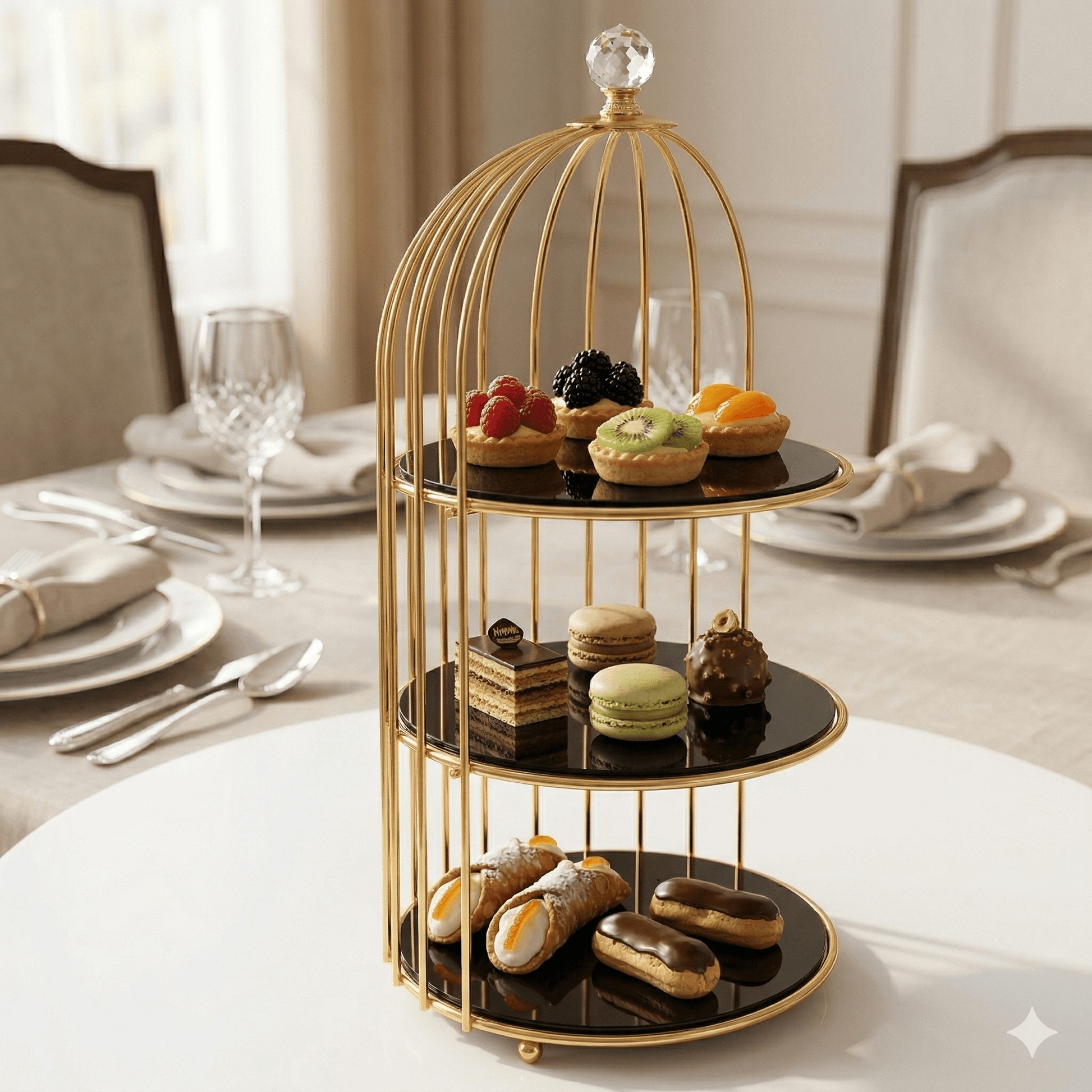 Golden 3-tier luxury display rack by Decore Whole Sale, perfect for fast food, desserts, or cosmetic organization.