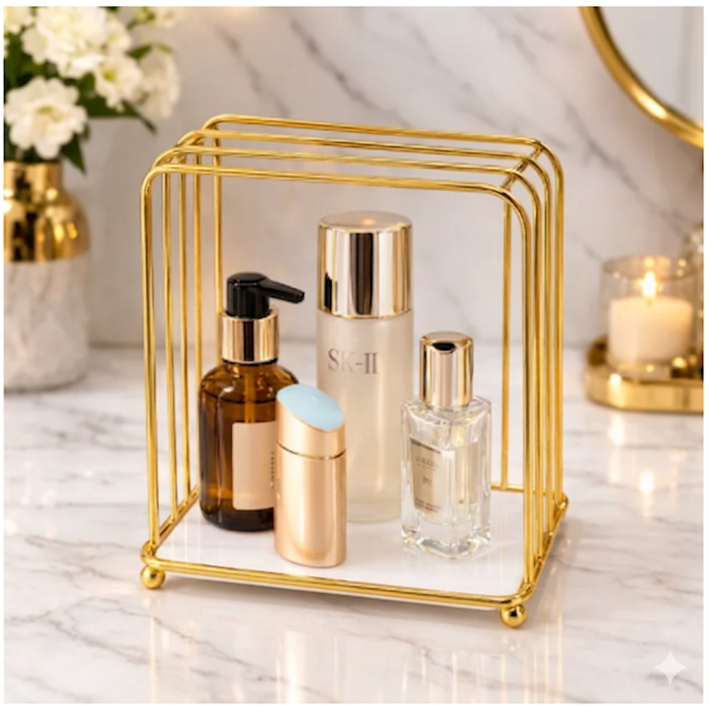 Black metal wire Makeup Organizer Storage Rack holding cosmetics and eyeshadow palettes on a modern dressing table in Pakistan