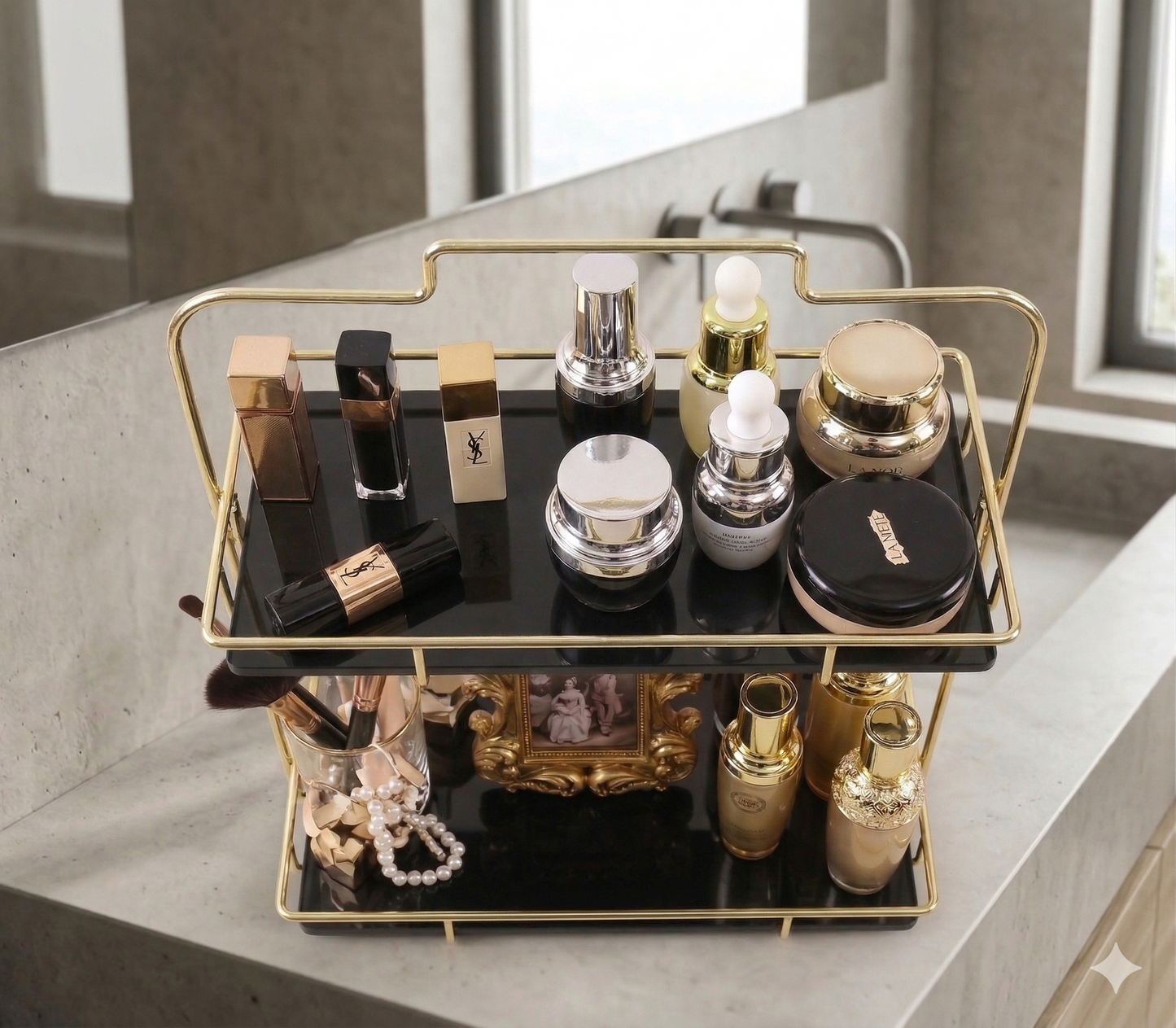 Two-tier golden vanity rack with storage shelves for makeup and skincare, elegant cosmetic organizer by Decore Whole Sale.
