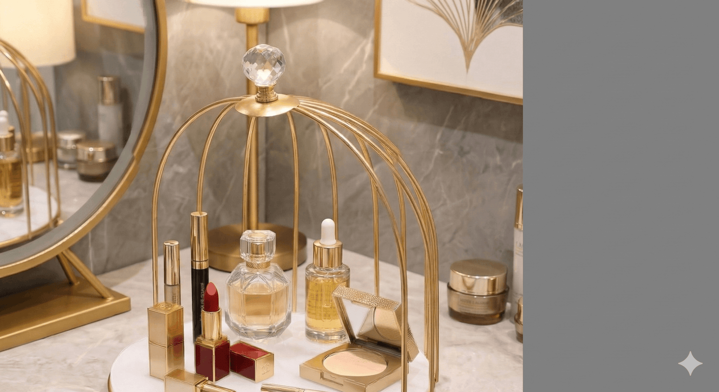 Two-tier luxurious golden birdcage cosmetic organizer with white marble acrylic base, ideal for makeup and perfume display.