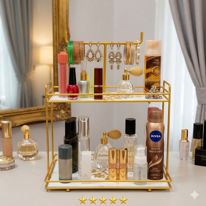 Luxury 2-Tier Gold Makeup Organizer and Bangle Display Stand, Premium Double-Layer Metal Vanity Rack for Jewelry, Cosmetics, and Watches.