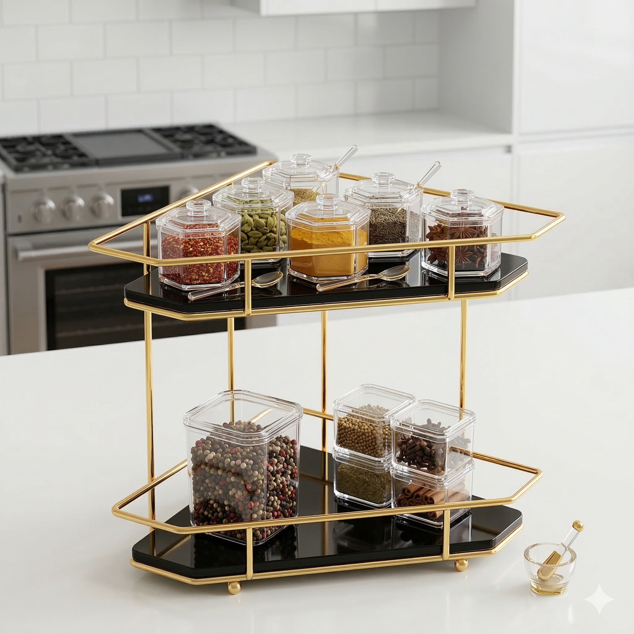 Luxury 2-Tier Corner Storage Rack – Shiny Gold & Black acrylic Finish – Multipurpose Organiser for Kitchen, Dressing Table & Cosmetics