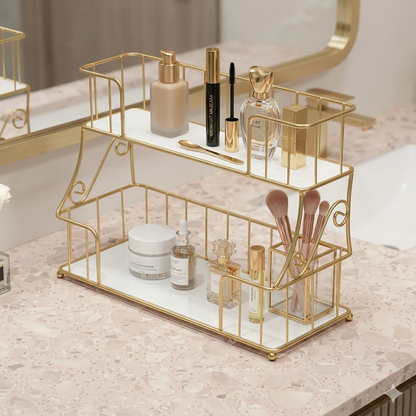 Premium 2-Tier Golden Cosmetic Organizer – Luxury Dressing Table Storage Rack with White Acrylic Base