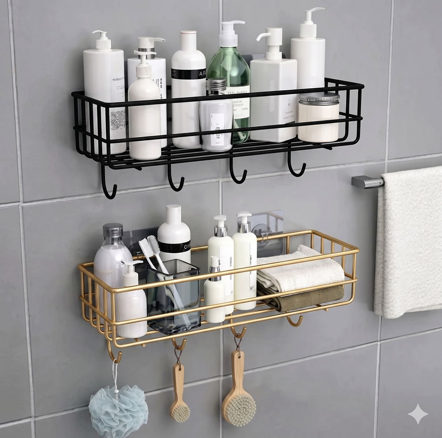 1 Self-Adhesive Wall Mounted Bathroom & Kitchen Organizer Rack – No-Drill Metal Storage Shelf with Hanging Hooks (Black & Golden)