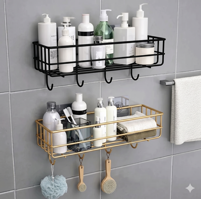 1 Self-Adhesive Wall Mounted Bathroom & Kitchen Organizer Rack – No-Drill Metal Storage Shelf with Hanging Hooks (Black & Golden)