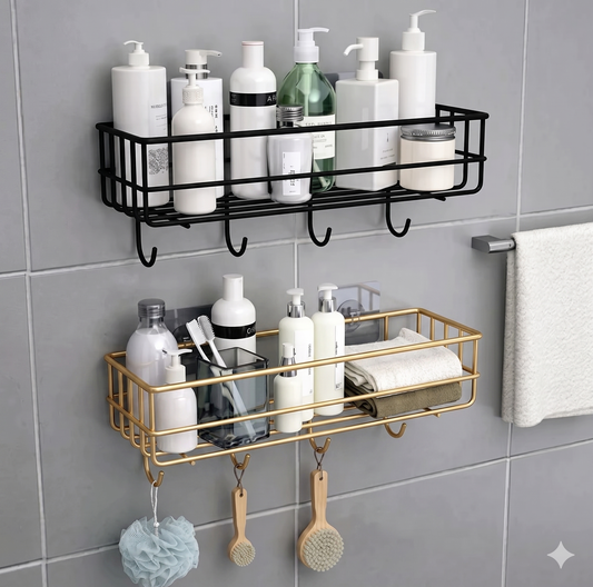 1 Self-Adhesive Wall Mounted Bathroom & Kitchen Organizer Rack – No-Drill Metal Storage Shelf with Hanging Hooks (Black & Golden)