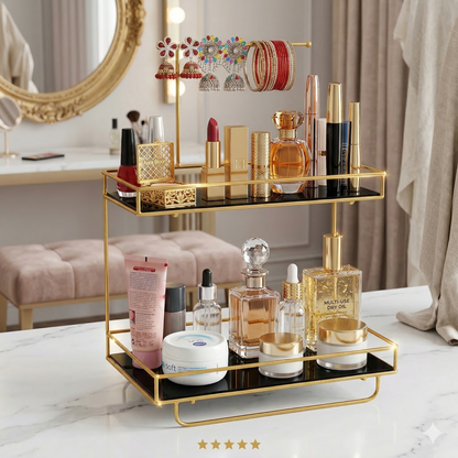 Luxury 2-Tier Gold Makeup Rack and Jewelry Hanger, Premium Metal Cosmetic Organizer with Bangle Stand and Acrylic Base for Dressing Table.