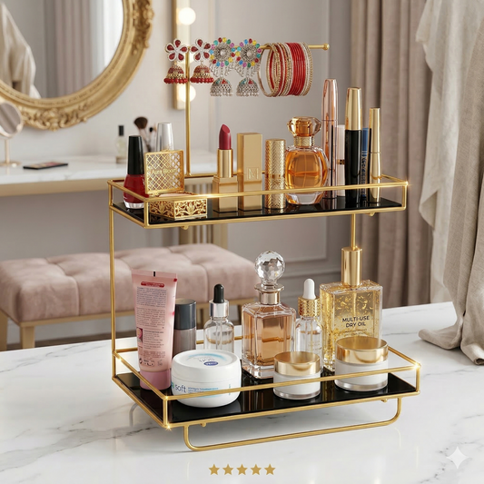 Luxury 2-Tier Gold Makeup Rack and Jewelry Hanger, Premium Metal Cosmetic Organizer with Bangle Stand and Acrylic Base for Dressing Table.