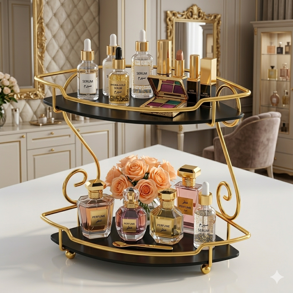 Dressing table ke corner me rakhne wala golden stand”

“Makeup aur perfume sajaane ke liye single layer rack”

“Room ki setting ke liye decorative corner display tray”