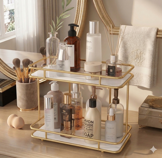 Luxury Rectangular Gold Serving Tray with Premium White Acrylic Base, Elegant Handcrafted Metal Organizer for Kitchen, Dining, and Home Decor.