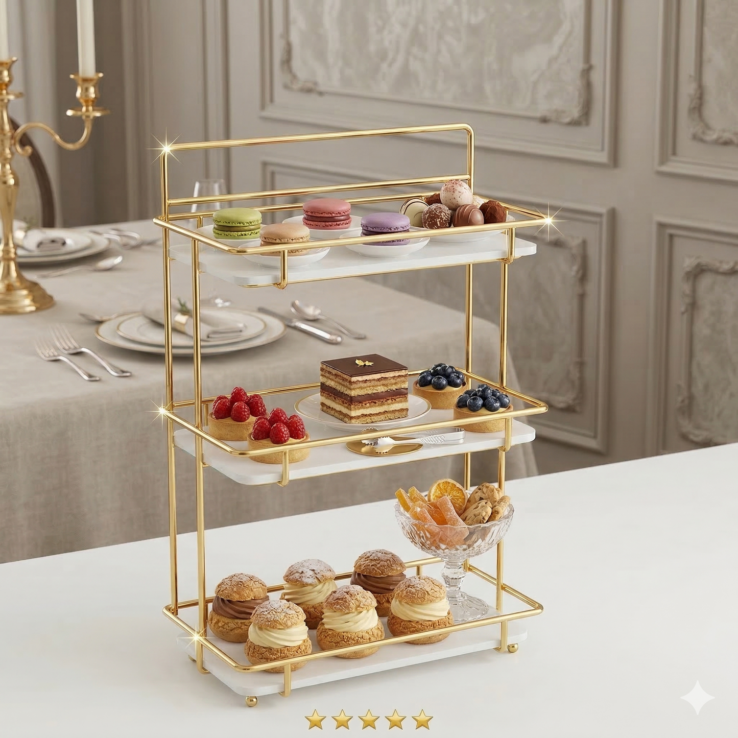 Luxury 3-Tier Shiny Gold Cosmetic Organizer – Premium White Acrylic Vanity Rack with Brush Holder – Multi-Purpose Skincare & Perfume Display for Home & Resellers