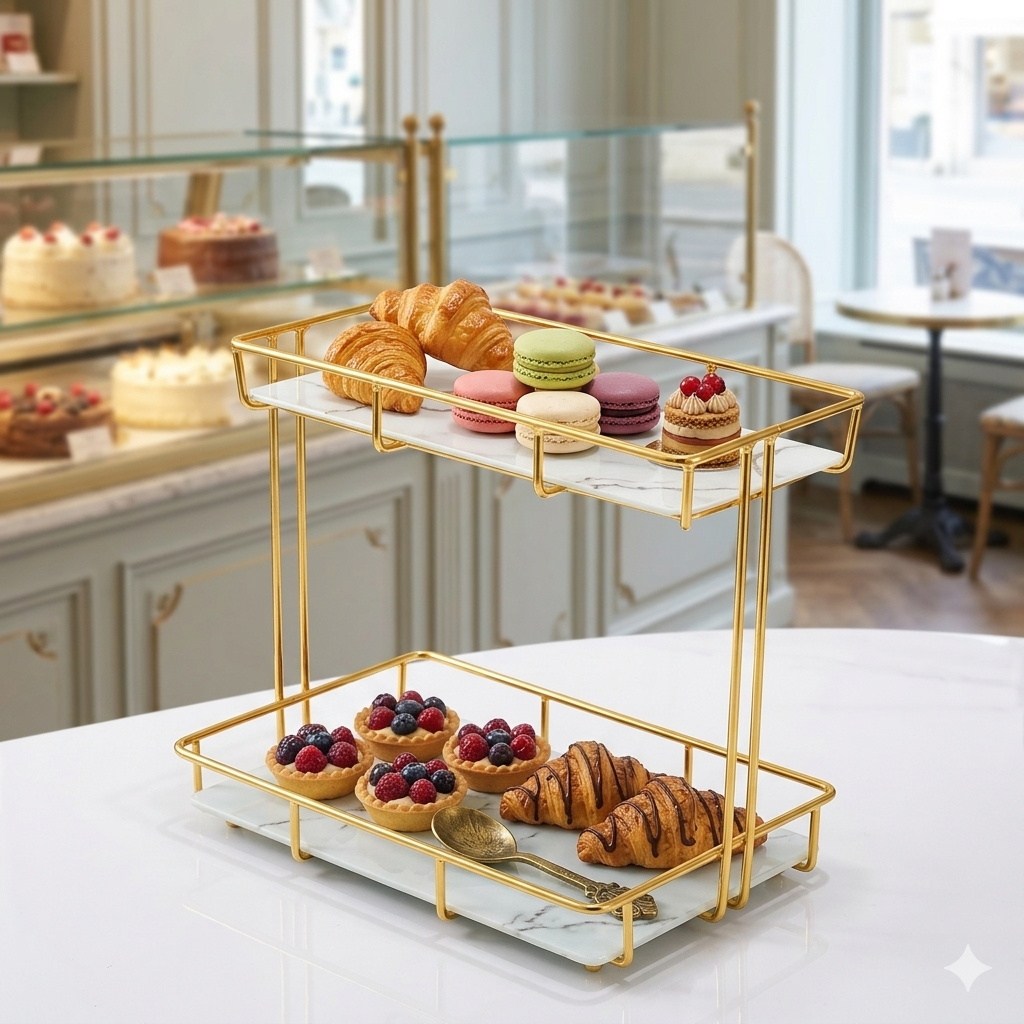 Luxury 2-Tier Gold Mesh Organizer Rack – Premium Cosmetic & Kitchen Countertop Display Stand (Black & White Acrylic Base)