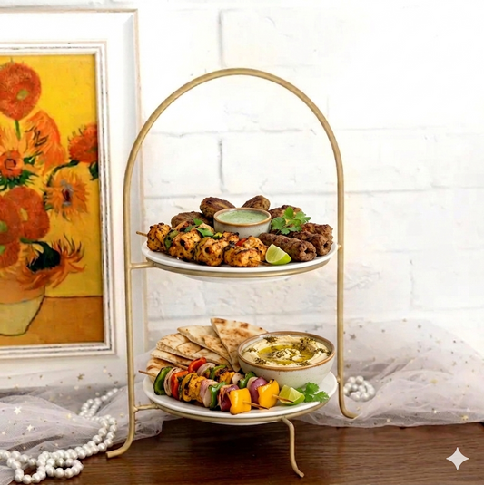 Gold serving stand, 2 tier buffet rack, arched platter holder, luxury high tea stand, metal dessert display, wedding food server, golden cupcake stand, dining table centerpiece, elegant party tableware, catering presentation stand, tiered appetizer tray, high tea rack, pastry display shelf, sturdy food pedestal, modern buffet accessories, space saving serving rack, luxury dining server, table presentation stand, home hosting organizer, royal serving rack.