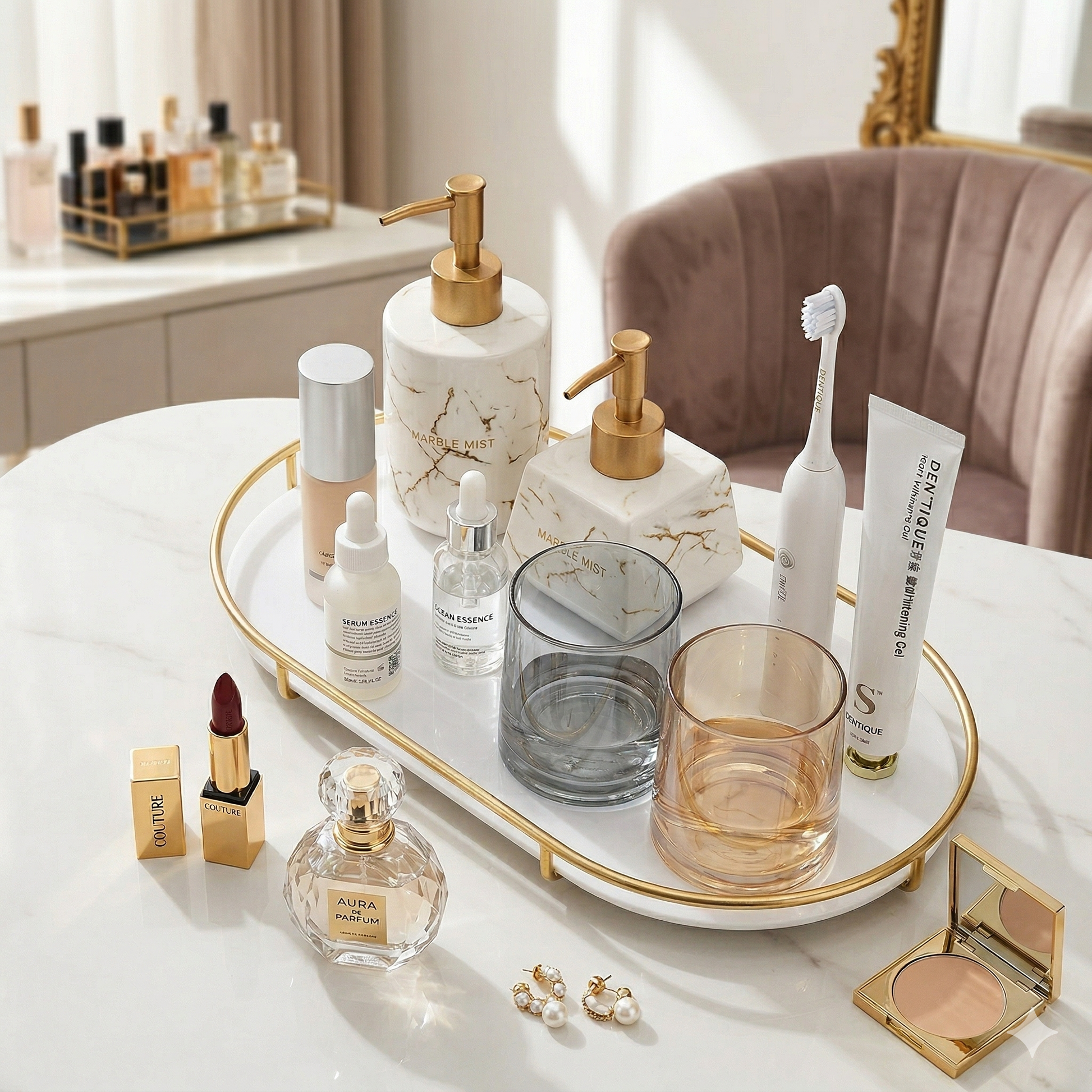 Luxury Round Gold Vanity Tray with Premium White Acrylic Base, Elegant Handcrafted Metal Organizer for Makeup, Perfumes, and Home Decor.