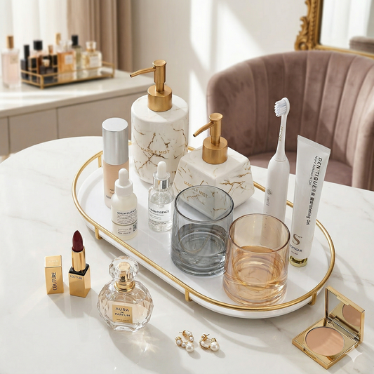 Luxury Round Gold Vanity Tray with Premium White Acrylic Base, Elegant Handcrafted Metal Organizer for Makeup, Perfumes, and Home Decor.