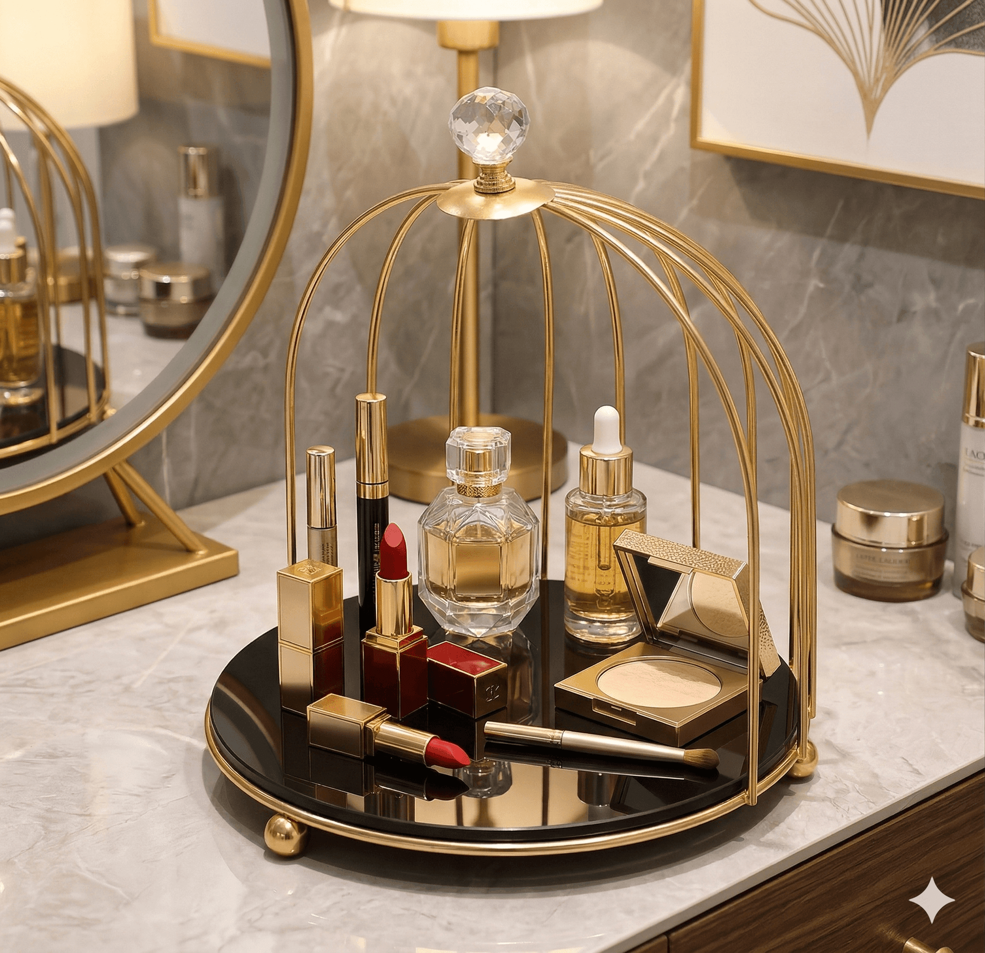Luxury gold birdcage stand used as a display rack for food, desserts, or cosmetics, featuring intricate design and multiple tiers.