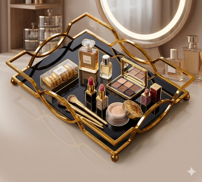 Luxury Gold Vanity Tray with – Elegant Makeup, Perfume & Jewelry Organizer for Dressing Table