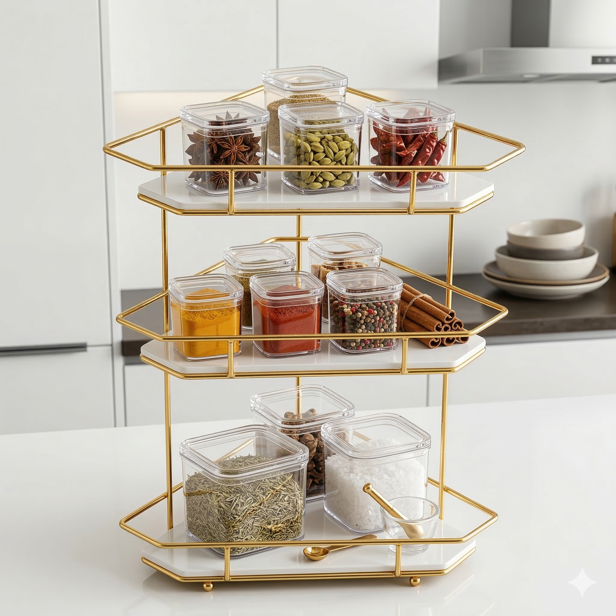 3-Tier Luxury Corner Organizer - Shiny Gold & Black Marble Finish - Multipurpose Vanity, Kitchen & Dressing Table Rack.