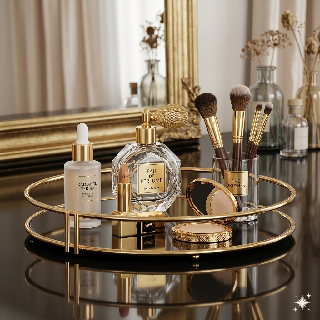 Stylish Double-Layer Cosmetic Shelf and Makeup Rack Organizer with Shiny Gold Metal Frame and Solid Black Base, Elegant 2-Tier Vanity Storage for Perfumes and Skincare.
