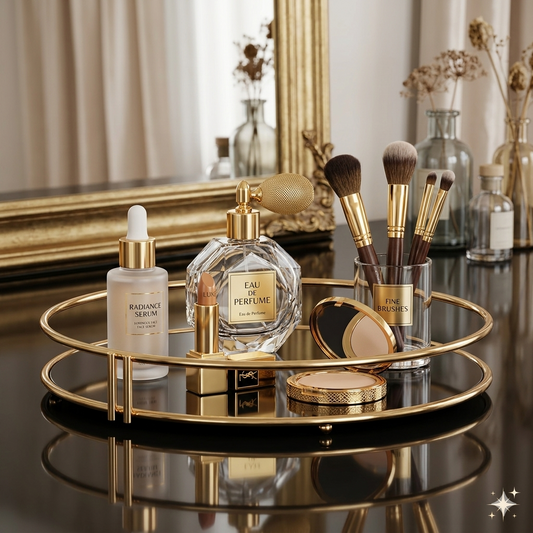 Stylish Double-Layer Cosmetic Shelf and Makeup Rack Organizer with Shiny Gold Metal Frame and Solid Black Base, Elegant 2-Tier Vanity Storage for Perfumes and Skincare.