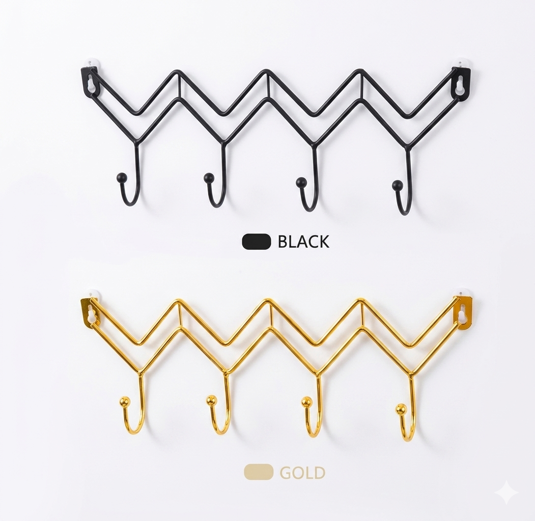 Comparison of black and gold zig-zag metal wall hooks for stylish home and office storage.