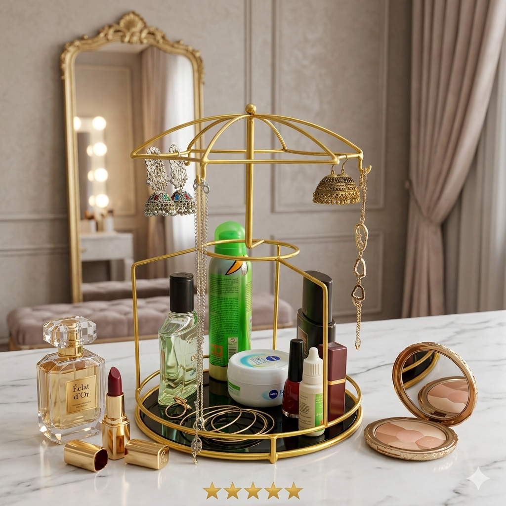 Cosmetic Organizer Umbrella Design Luxury Umbrella Design Cosmetic Organizer with Golden Finish, Creative Metal Makeup Storage Rack and Vanity Display Stand for Dressing Table.