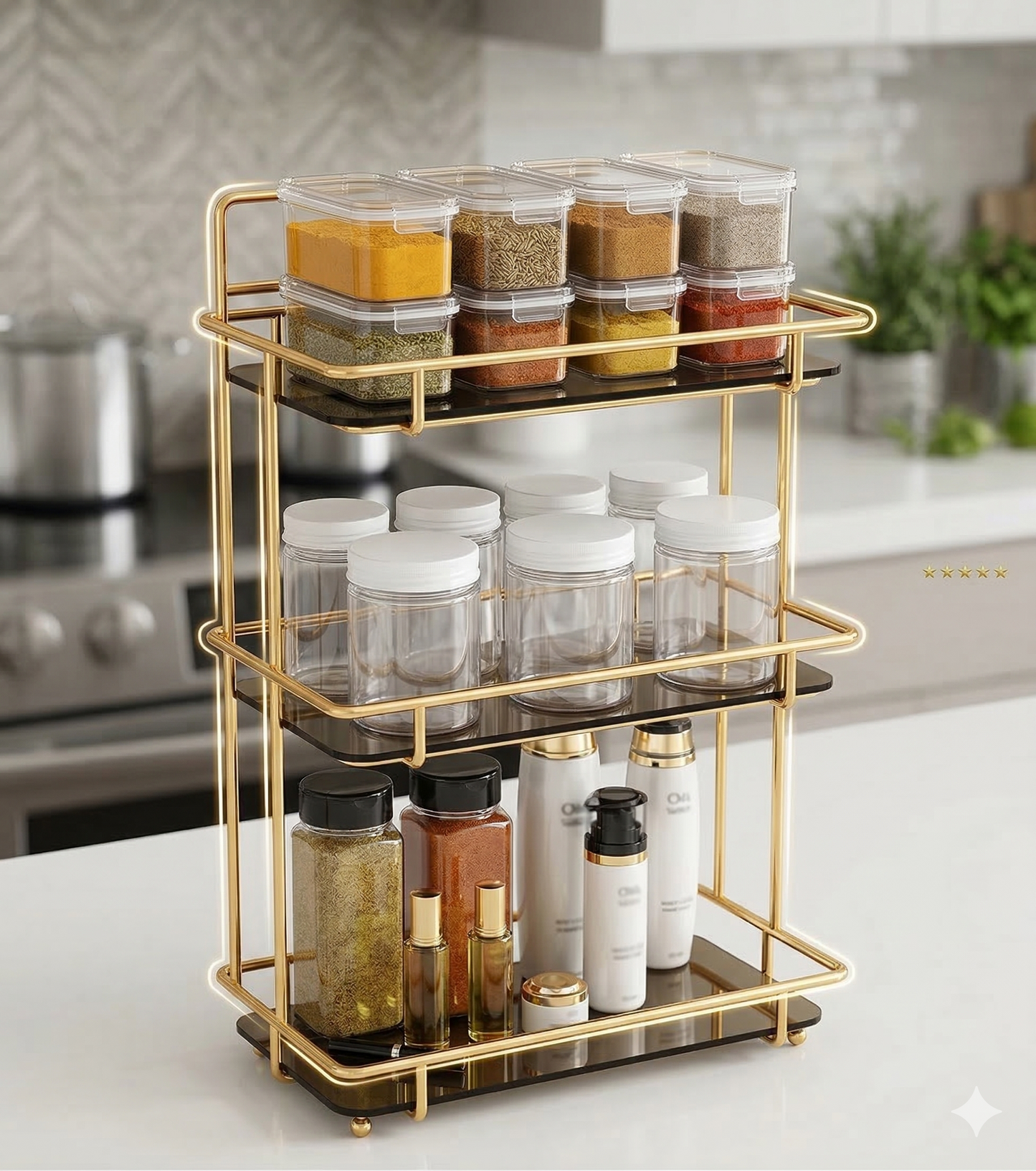Luxury 3-Tier Shiny Gold Cosmetic Organizer – Premium White Acrylic Vanity Rack with Brush Holder – Multi-Purpose Skincare & Perfume Display for Home & Resellers