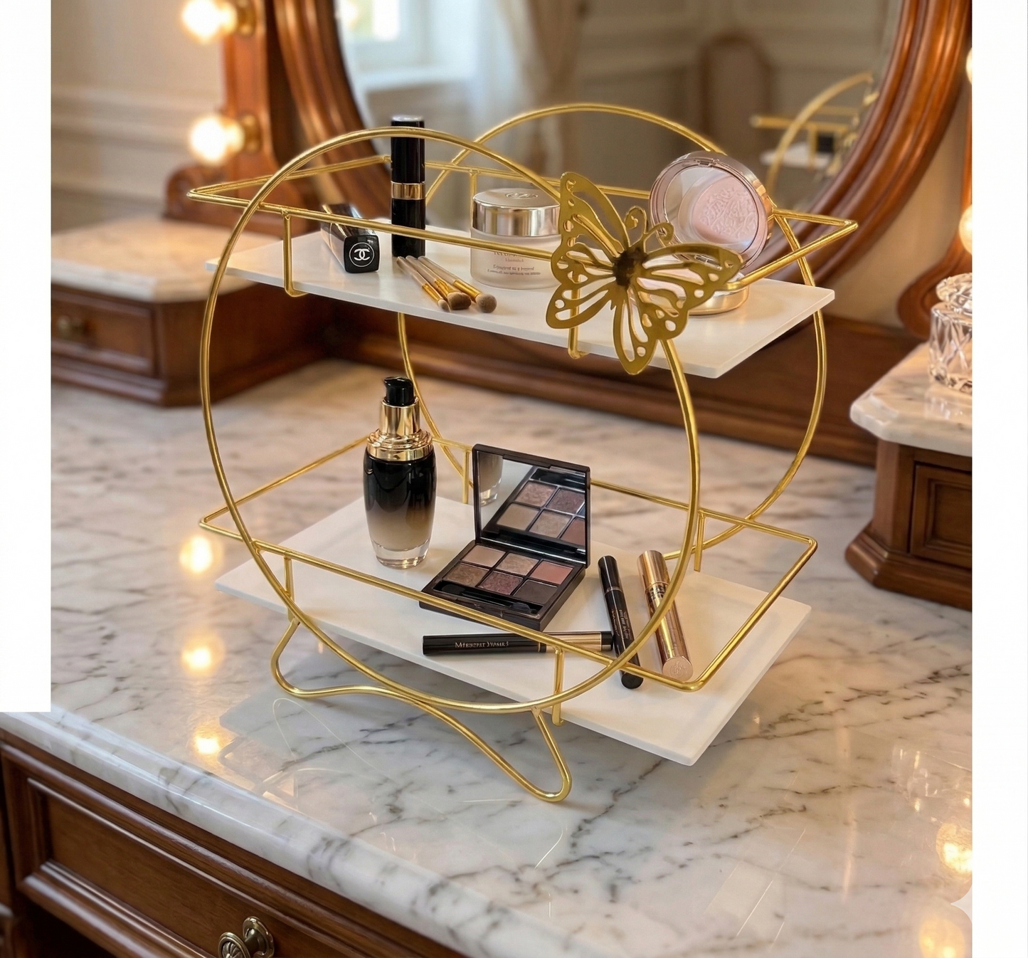 Luxury 2-Tier Golden Butterfly Vanity Rack with White Acrylic Base, Premium Butterfly Design Makeup and Perfume Organizer for Dressing Table.
