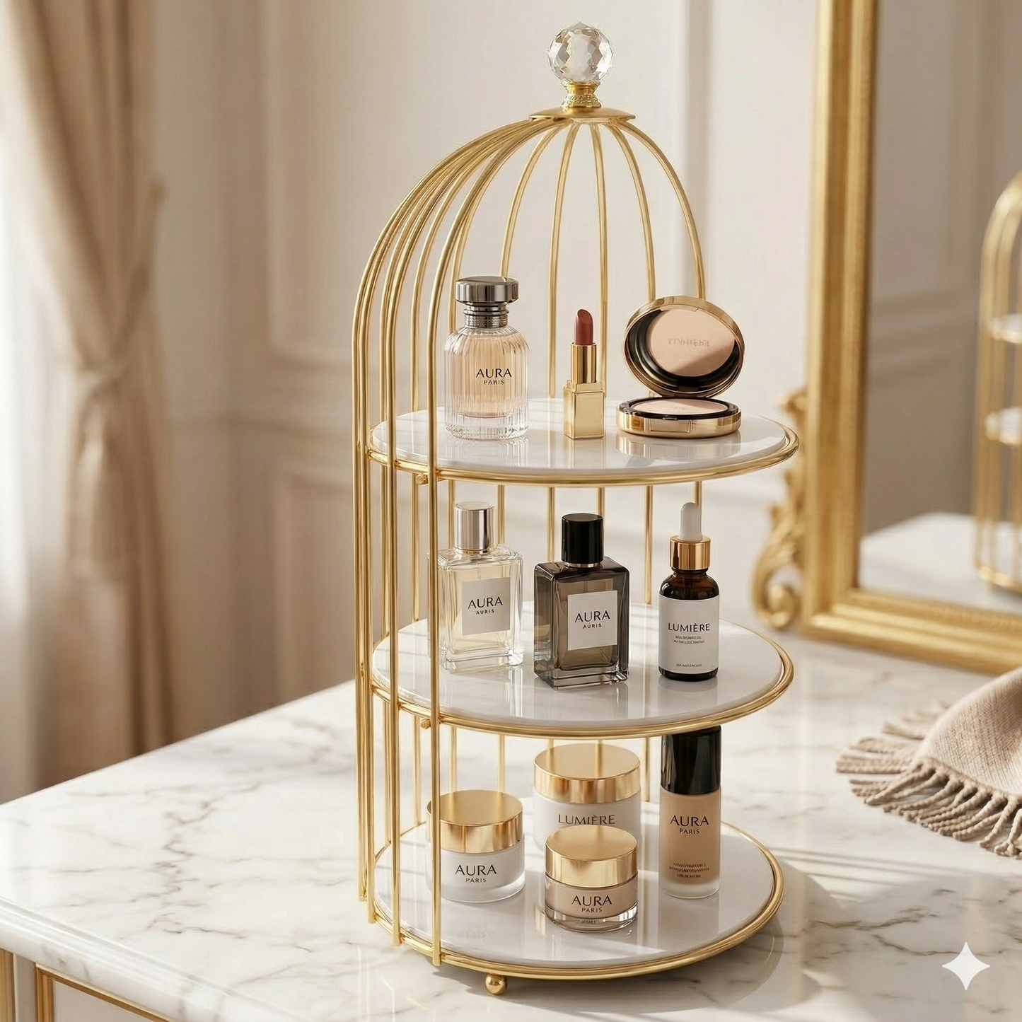 2tier Luxury Golden Birdcage Cosmetic Organizer – Premium Metal Makeup & Perfume Display Stand with White Marble Acrylic Base