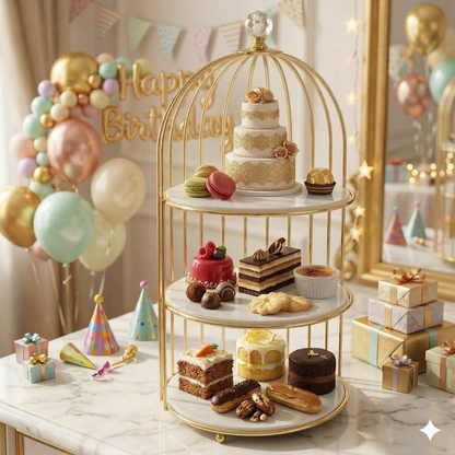 multi-Purpose Golden Birdcage Stand – Luxury Display Rack for Fast Food, Desserts, & Cosmetic Organization