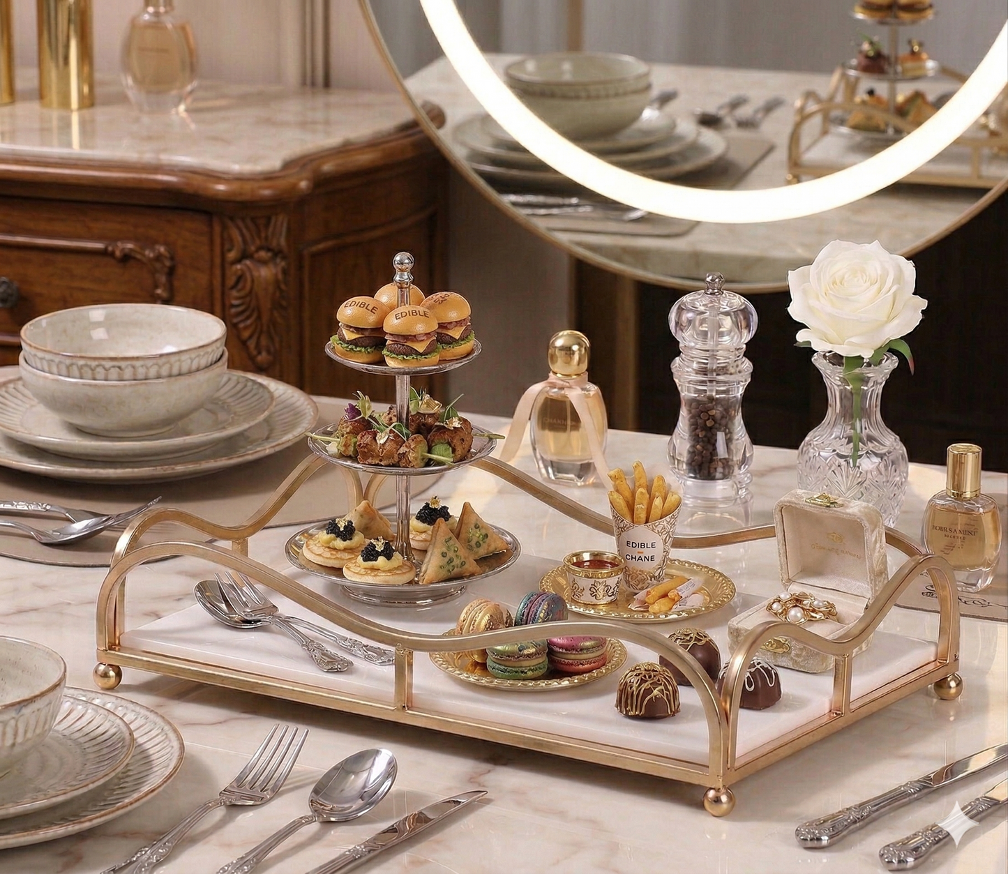 Luxury gold plated serving tray by Decore Whole Sale, modern food platter for high tea, desserts, or dining table display.