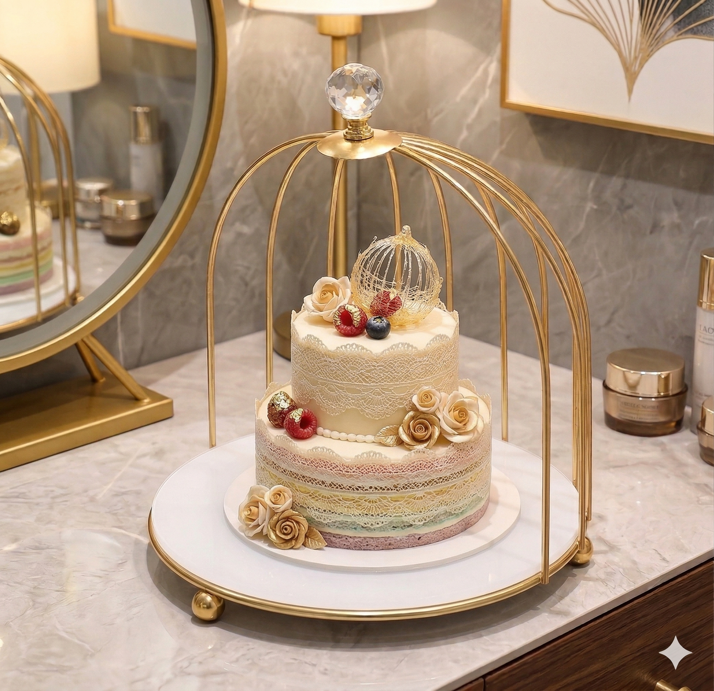 Luxury 1-Tier Golden Birdcage Cake Stand with White Base, Premium Round Dessert Display Rack for Weddings, Parties, and Home Decor.