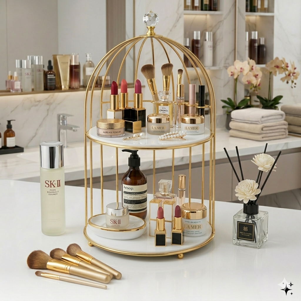 2tier Luxury Golden Birdcage Cosmetic Organizer – Premium Metal Makeup & Perfume Display Stand with White Marble Acrylic Base