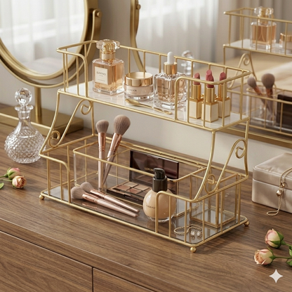 Premium 2-Tier Golden Cosmetic Organizer – Luxury Dressing Table Storage Rack with White Acrylic Base