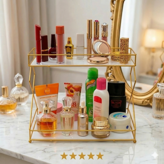 Diamond-Style 2-Tier Gold Cosmetic Organizer with White Acrylic Shelves