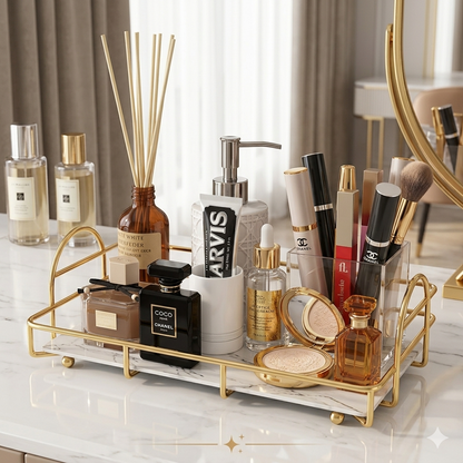 Gold Cosmetic Tray, Makeup Organizer, Perfume Display Stand, Luxury Vanity Decor, Black Acrylic Jewelry Tray, Dressing Table Accessory