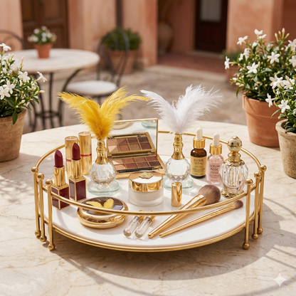 Luxury Makeup Organizer Luxury Round Gold Vanity Tray with Premium White Acrylic Base, Elegant Handcrafted Metal Organizer for Makeup, Perfumes, and Home Decor.
