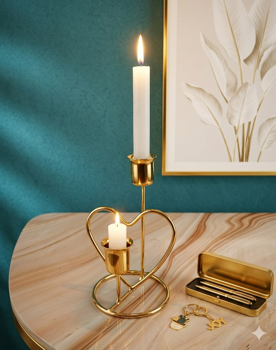 Heart Candle Holder Premium Gold Heart Twin Candle Holder, Luxury Metal Heart-Shaped Dual Taper Candle Stand for Romantic Table Decor and Anniversary Gift