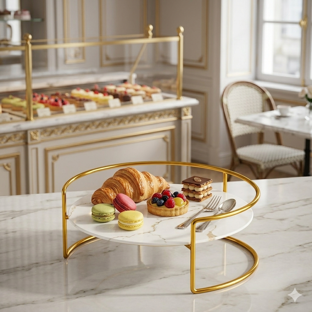 Golden metal arch spice rack organizer for kitchen countertop and luxury home decor.