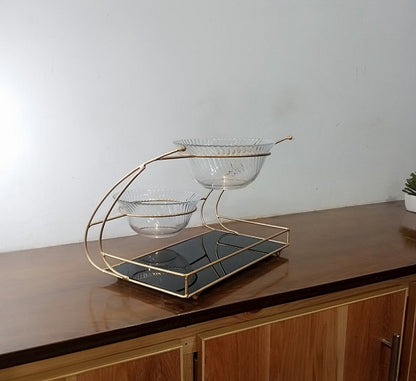 Luxury 2-Bowl & Tray Gold Serving Stand – Elegant Metal Rack with Glass Bowls for Snacks & Dry Fruits