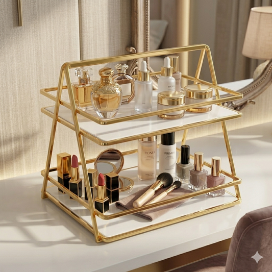 Space Saving Organizerv Luxury 2-Tier Golden Vanity Organizer with White Acrylic Base, Premium Royal Edition Makeup and Perfume Storage Rack for Dressing Table.