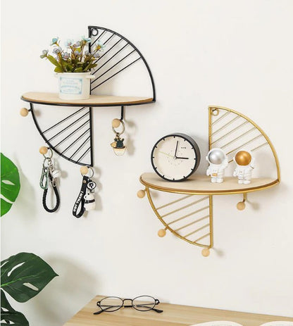 Wall Mounted Shelf, Nordic Half Moon Wall Shelf with Creative Storage Display, Modern Floating Metal and Wood Hanging Rack for Home Decor and Organization.