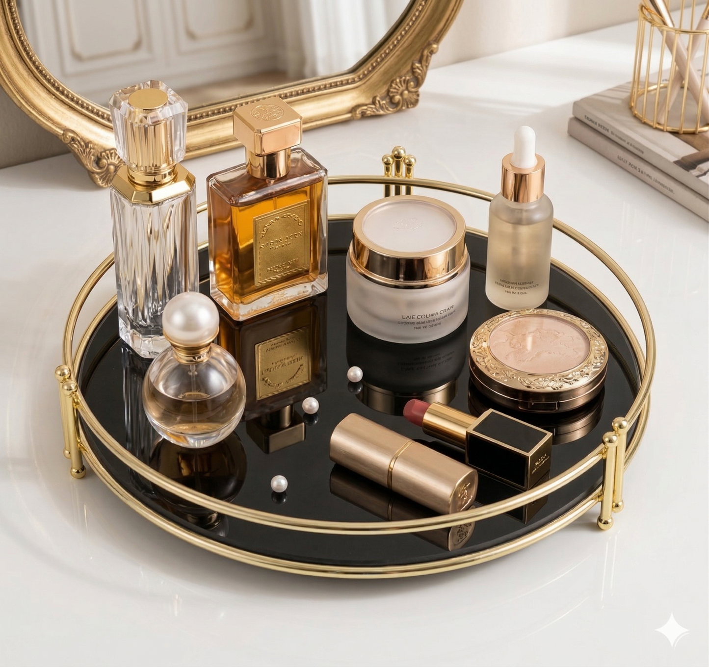 DiningTableDecor Vanity Tray, Golden Organizer, Luxury Home Decor, Makeup Tray, Perfume Stand, Acrylic Tray, Round Decorative Tray, Dressing Table Decor, Wholesale Decor Pakistan, Cosmetic Storage.
