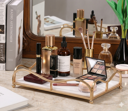 Makeup Organizer Stand Luxury Gold Vanity Tray with Acrylic Base, Handcrafted Mirror Finish Single-Tier Rack for Perfumes and Cosmetics.